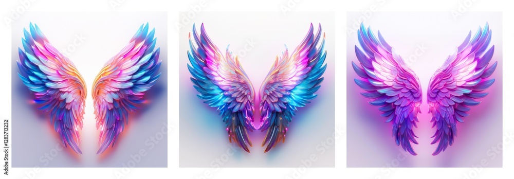 Poster a collection of three isolated, decorative wings in varied colors. each pair of feathered wings is p