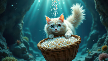 A cat sitting on a basket filled with pearls underwater.