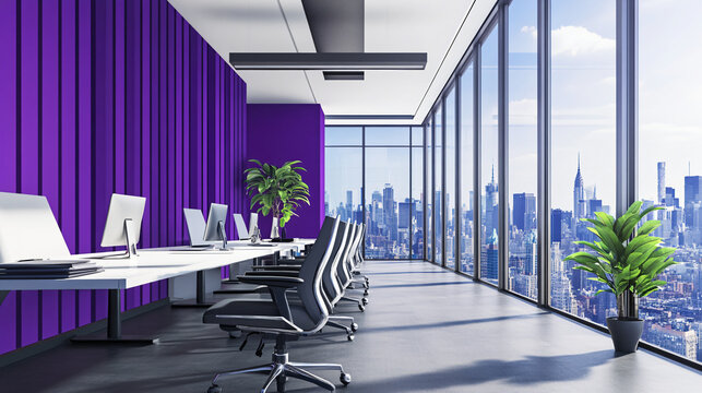 A professional modern office featuring a purple accent wall, ergonomic chairs, sleek desks, and expansive windows offering a dynamic cityscape, perfect for showcasing contemporary workspaces and busin