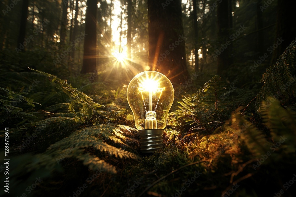 Poster the concept of a lightbulb tree illuminated by sunlight on soil represents a vision for saving the w