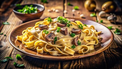Retro food photography captures creamy mushroom tagliatelle's timeless appeal.
