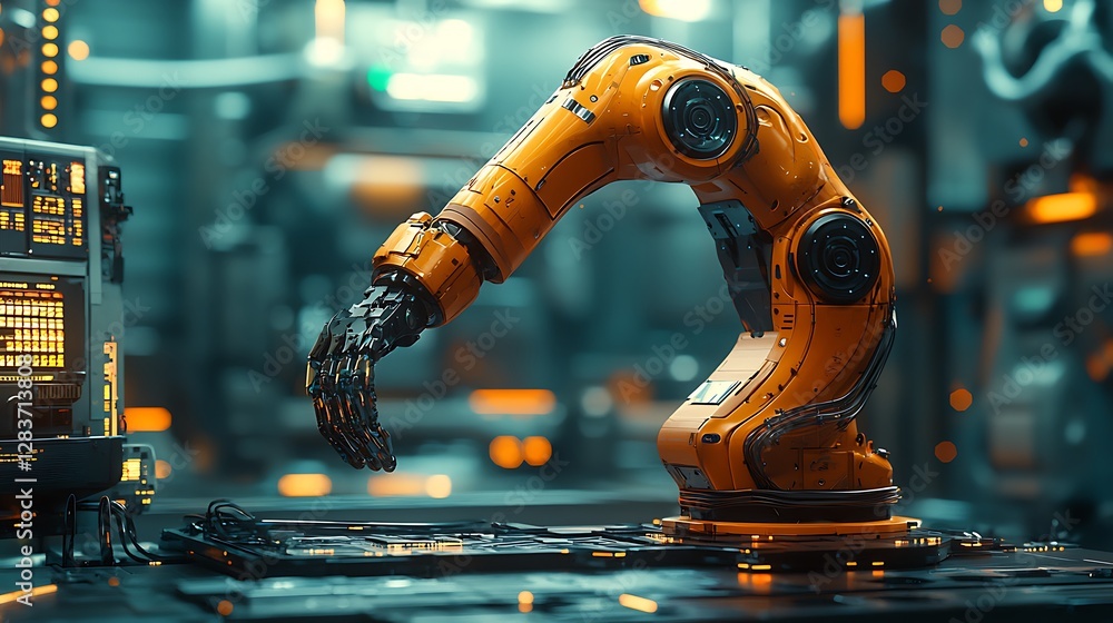 Poster Futuristic robot arm in a modern factory setting. Possible use Industrial technology, innovation, automation