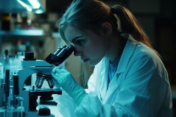 Young Female Epidemiologist in Protective Workwear Examining Samples Under Microscope in Modern Laboratory