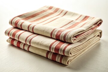 Retro striped kitchen towels add vintage charm to any rustic kitchen.  White background.