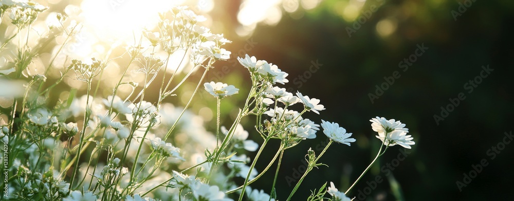 Poster spring background featuring an abstract banner with green blurred bokeh lights