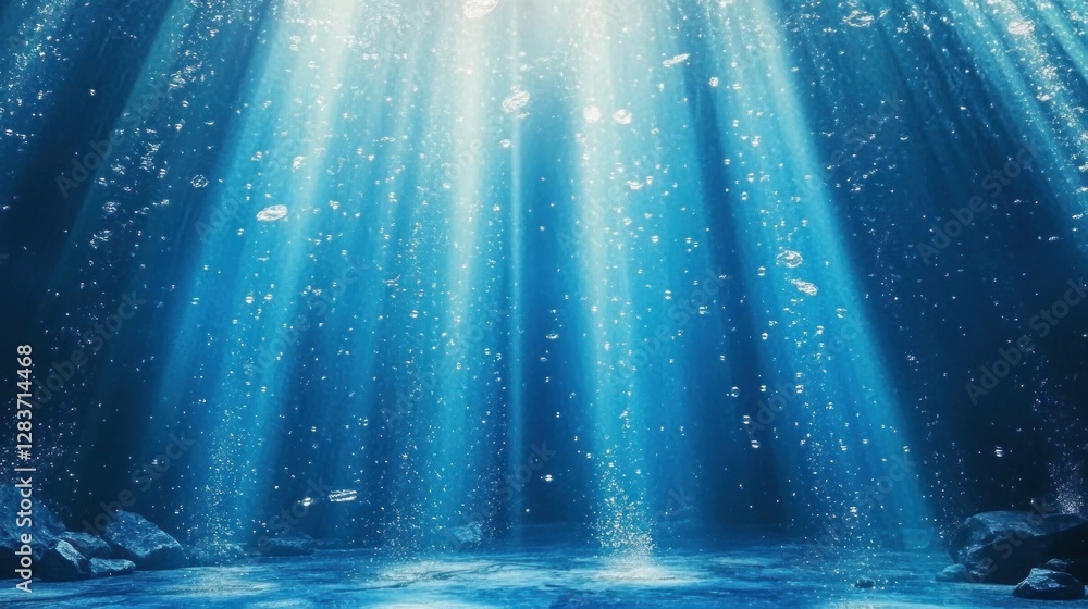 Poster a serene underwater scene illuminated by beams of light, creating a tranquil atmosphere.