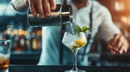 A skilled bartender beautifully pours a fresh cocktail into a glass, illustrating an artistic blend of flavor, crafting skills, and the ambiance of a lively bar.
