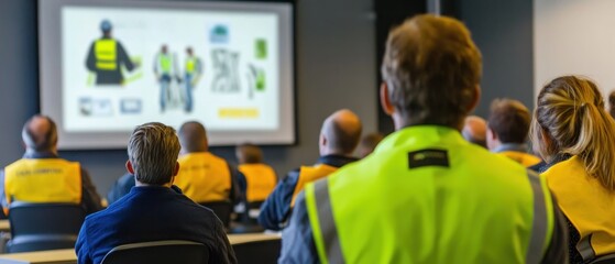 Workers in safety vests attentively watching a presentation on workplace safety protocols in a modern conference room
