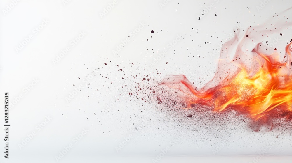 Poster dynamic abstract flame with smoke and ashes on white background