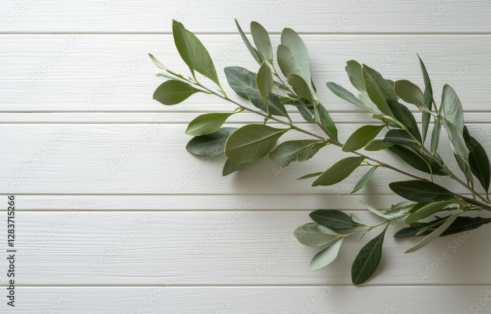 Poster a rustic white wooden background features eucalyptus branches and leaves, with a minimalist composit