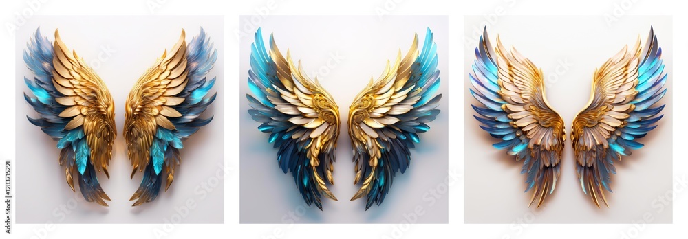Poster isolated wing collection. three pairs of decorative wings with unique golden and blue color schemes,