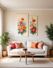 Cream walls with nature-inspired paintings in a country-style living room.