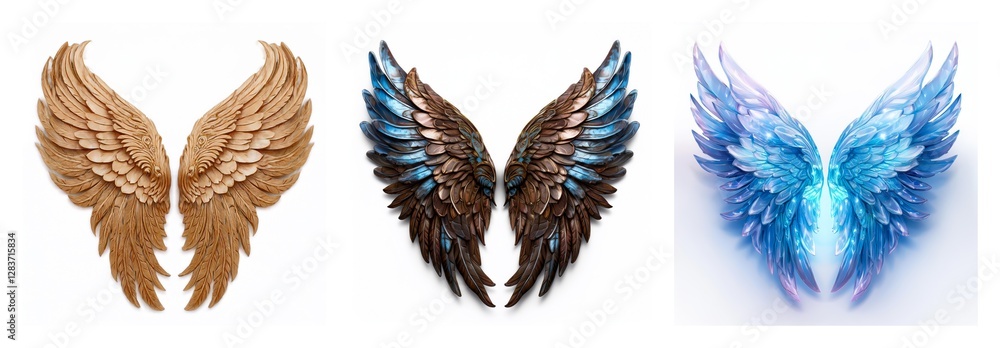 Poster a collection of three pairs of wings, each with a unique style and coloration. isolated on a white b