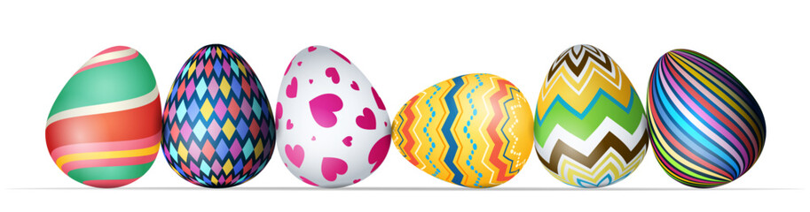 Colorful Festive Easter Eggs with Various Patterns in Row. Isolated Painted Eggs Detailed Illustration