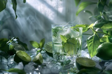 Refreshing Mint Lime Cocktail with Ice and Green Leaves Decor