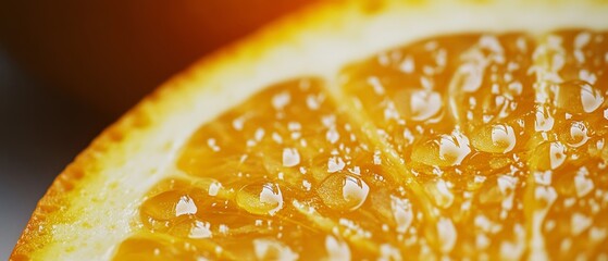 Close-up of a juicy orange slice with glistening droplets, capturing the essence of freshness and vibrant citrus flavor.