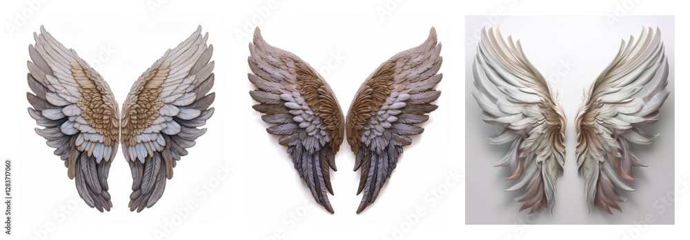 Poster Isolated collection of three pairs of wings. Varied textures and colors, presented against a clean white backdrop.
