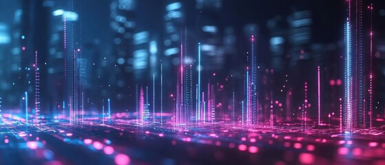 Fototapeta premium Futuristic cityscape with vibrant neon lights and data