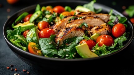 A nutritious salad featuring grilled chicken breast, vibrant greens, cherry tomatoes, and creamy avocado, showcasing a colorful and healthy meal option.
