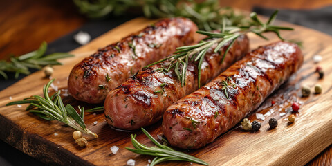 Juicy veal sausages grilled to perfection, garnished with rosemary