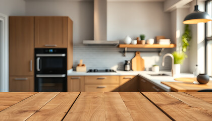 Cozy Modern Kitchen Interior with Wooden Table and Natural Light