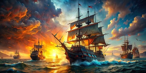 Obraz premium Epic Clash of Pirate Ships on the Open Sea