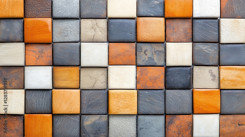Aufkleber abstract mosaic tile pattern in orange gray and beige tones with square geometry