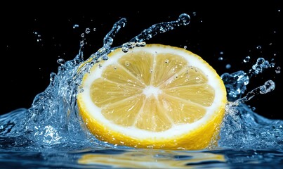 Water Splashing on a Halved Lemon Against a Black Background