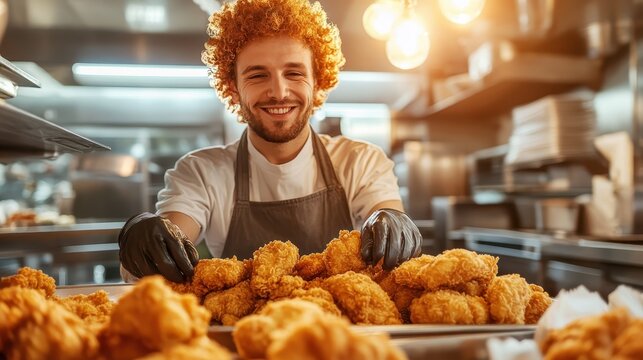 A beaming chef holds a tray filled with fried chicken, radiating joy and pride in their culinary creation, set against the backdrop of a lively kitchen atmosphere.