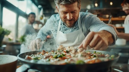A dedicated chef focused on creating a flavorful dish, surrounded by fresh ingredients in a bright kitchen atmosphere, promoting passion for cooking and food culture.