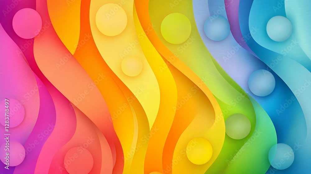Poster abstract multicolored wavy layers background with smooth gradient and geometric spheres