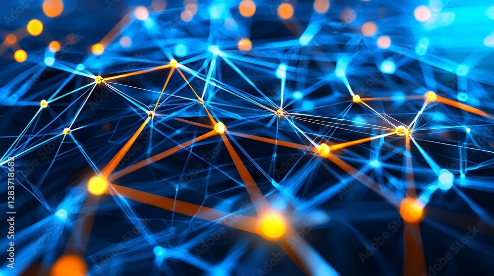 Poster abstract network connection with blue lines and orange nodes on dark backdrop