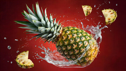 Pineapple in dynamic movement with splashes of water on a background of rich red color. The energy of the tropics, natural juiciness and brightness in one frame