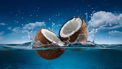 Two coconut halves in a spectacular splash of water against an azure sky with clouds