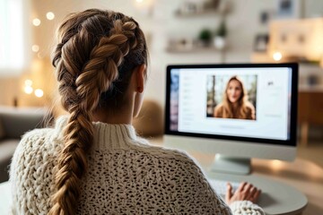 a photo looking over the shoulder of a person viewing at a computer screen viewing an email advertisment that contains a video to watch