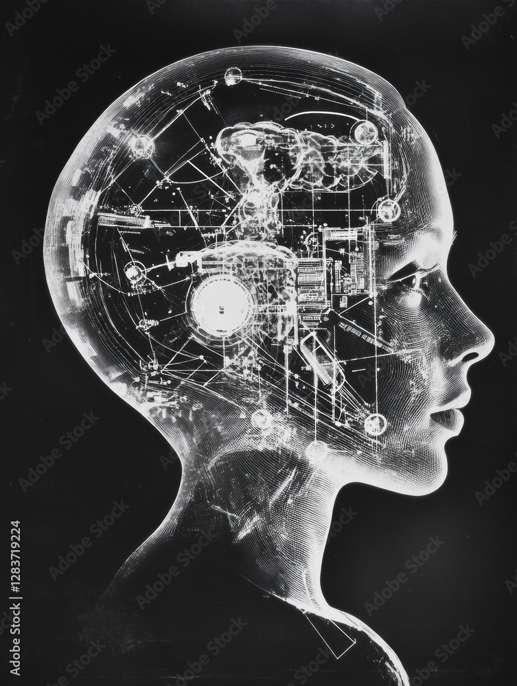 Aufkleber Exploring the intersection of technology and human cognition through schematic representations of artificial intelligence. Generative AI