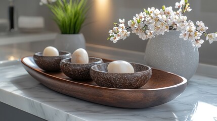 Spa eggs on wooden tray, modern bathroom, blossom vase