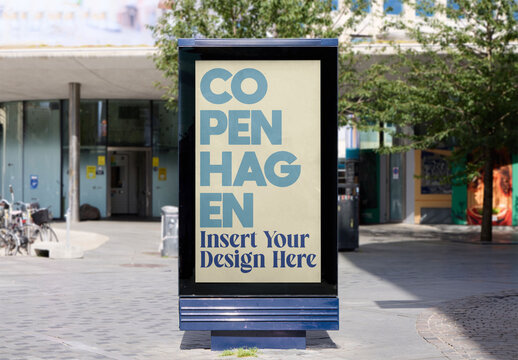Copenhagen Urban Outdoor Ad Mockup in a Busy Area. Urban panel at ground level