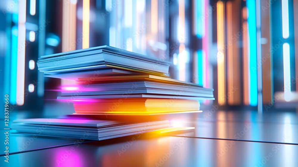 Poster abstract tech stack with glowing pixel blocks in blue orange and pink background