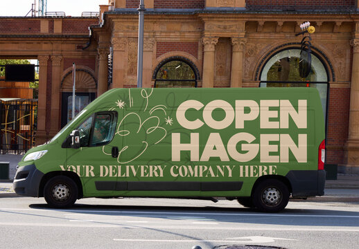 Delivery Van Parked on Street in Copenhagen on Sunny Day. Side view ready to full design