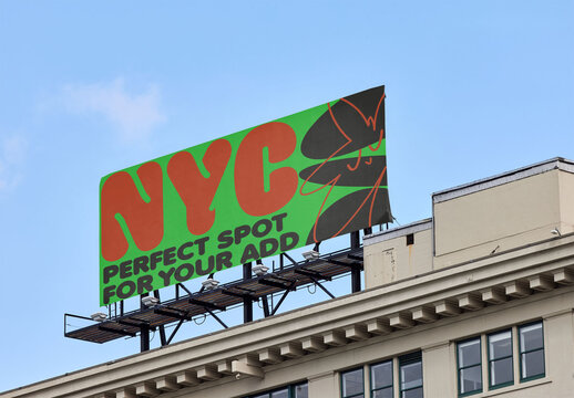 Billboard bulletin on an iconic rooftop of a New York building on a sunny summer day. Mockup template ready for you to insert your OOH design
