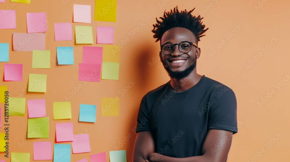 Poster young professional confidently managing time and tasks, surrounded by colorful sticky notes on an or