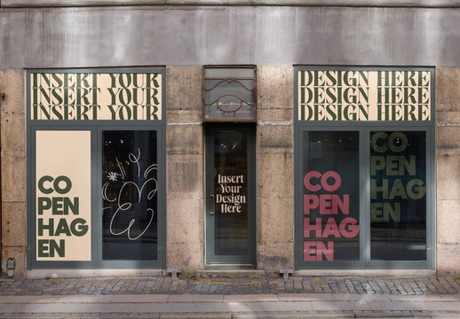 Storefront template with glass and poster options to insert your design.Seven options