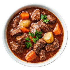 Hearty beef stew with vegetables in bowl , Food, isolated on transparent background