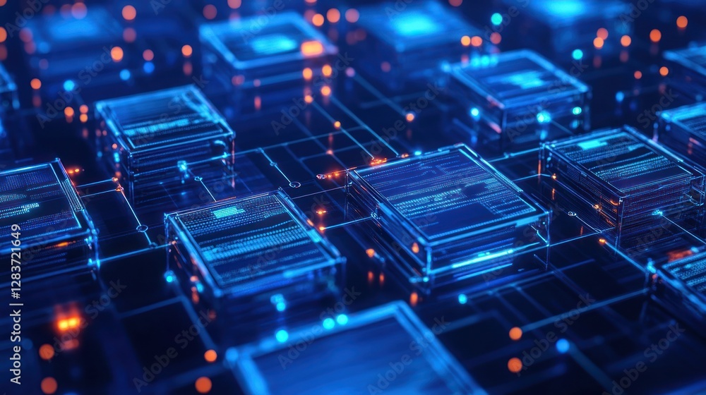 Poster abstract digital network with glowing data blocks