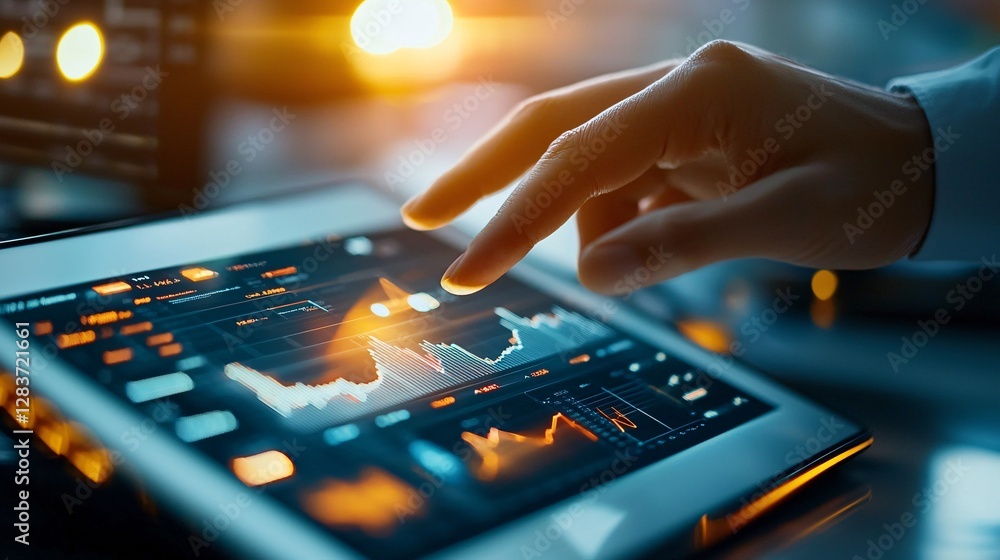 Poster financial pitfalls concept. touchscreen interaction with data analysis tablet