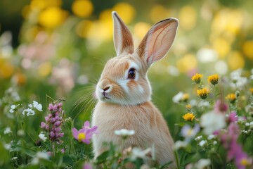Adorable Bunny in Spring Flowers Meadow