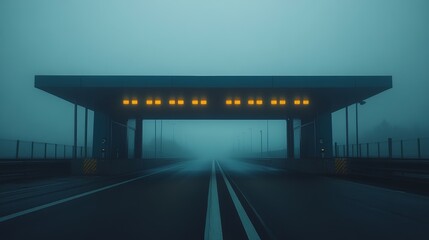 A toll booth at the entrance of a tunnel with fog inside. Featuring no vehicles and a sense of mystery