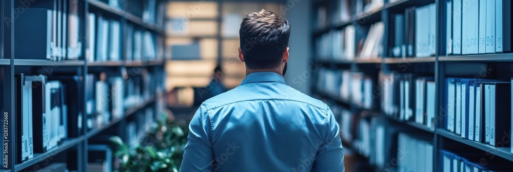 Fototapete Man stands in library looking at bookshelves during office hours in modern workspace. Generative AI