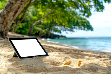 Tablet computer showing white screen standing on beautiful tropical beach under trees, ideal for summer mockups